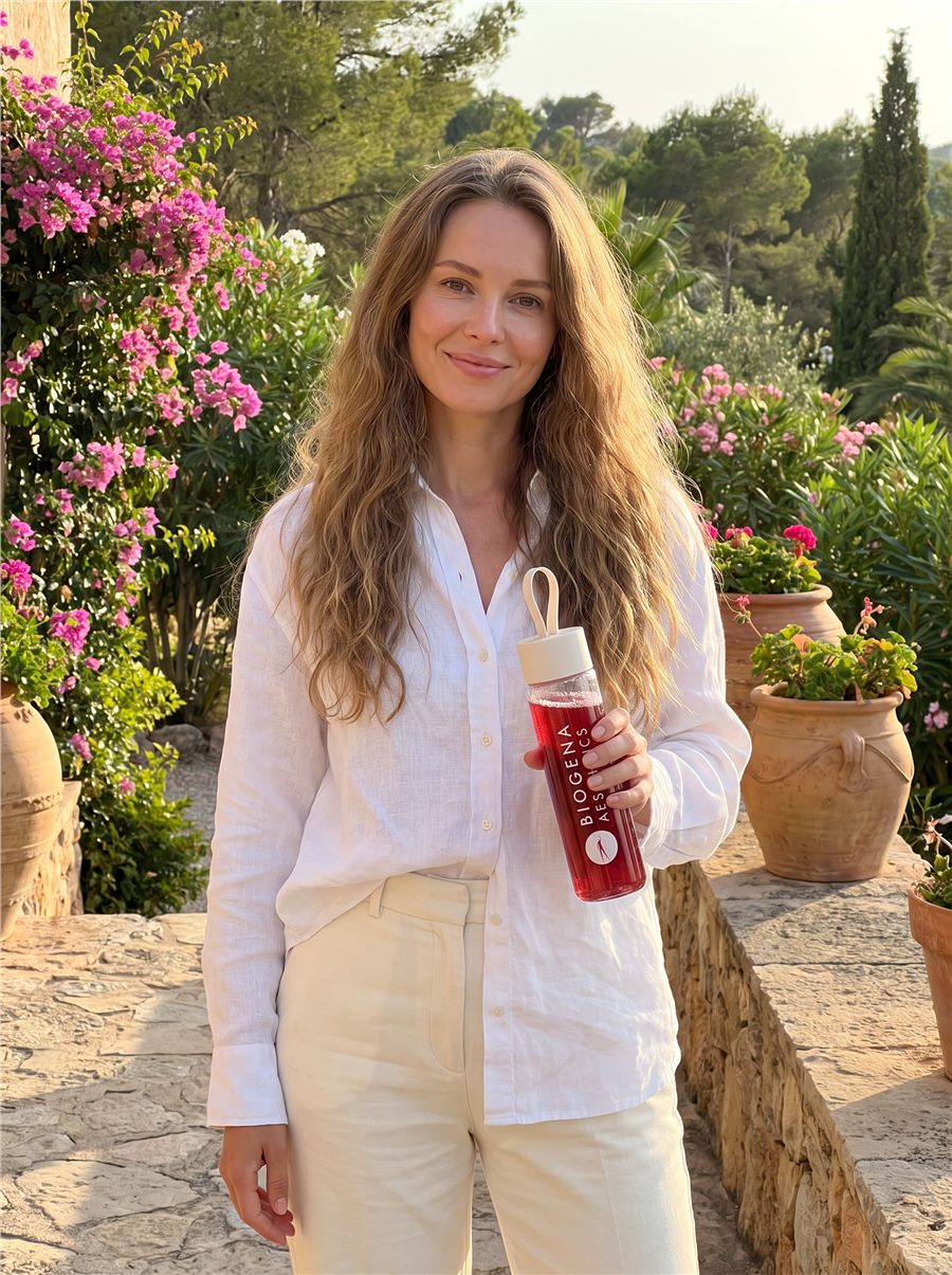 Патриция Кайзер держит бутылку Biogena Aesthetics у цветущих кустов