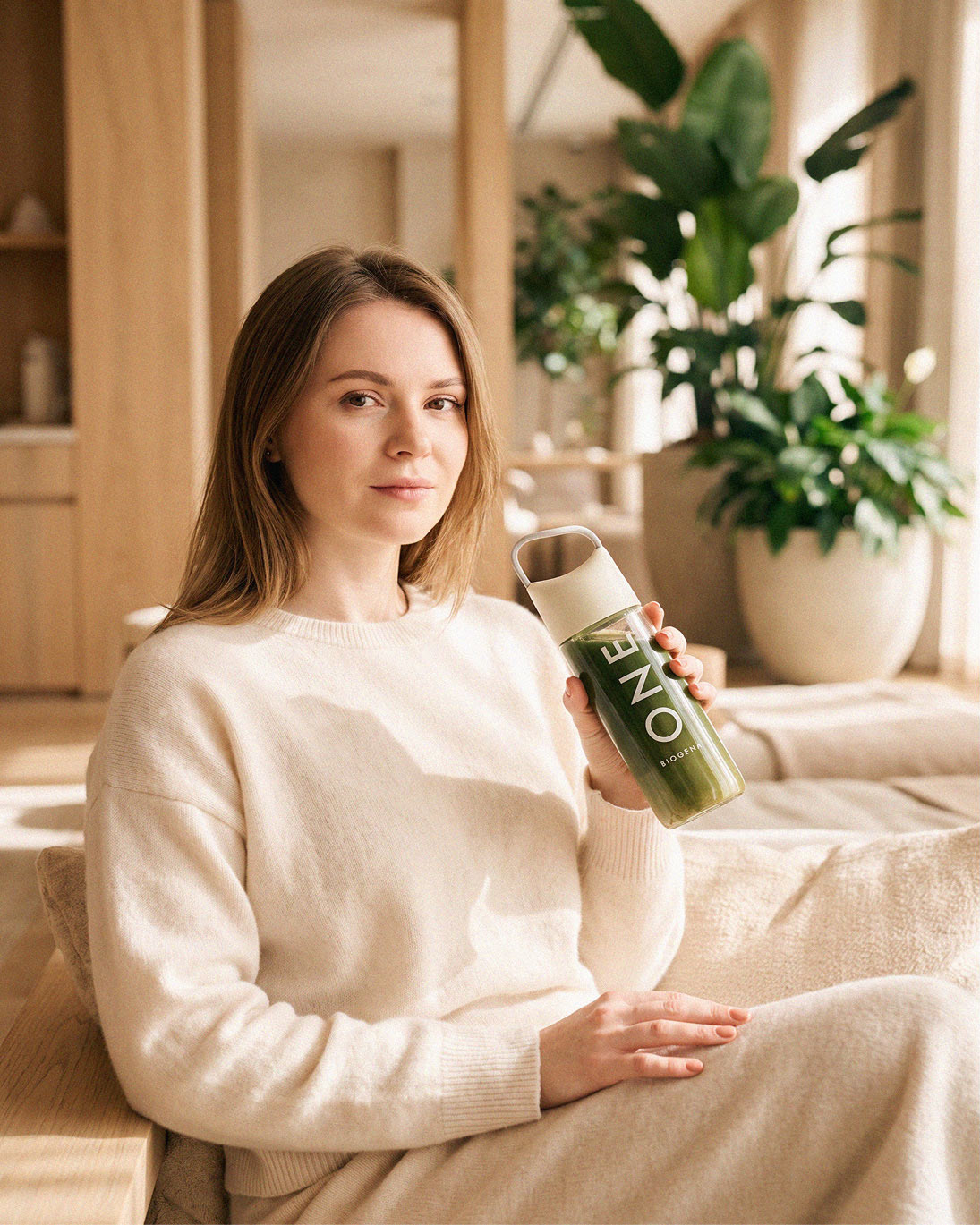 Патриция Кайзер держит бутылку Biogena Aesthetics у цветущих кустов
